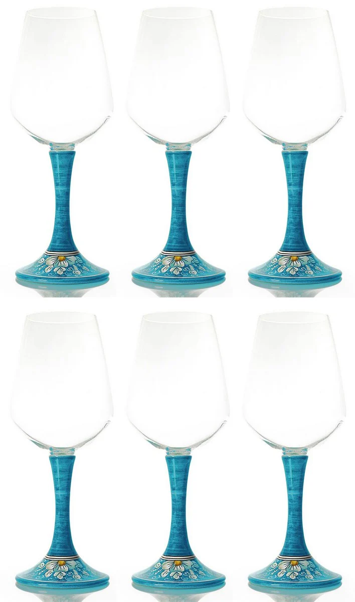 Luxus Weinglas 6er Set Hellblau / Mehrfarbig H. 23,5 cm - Handgefertigte & handbemalte Weingläser - Hotel & Restaurant Accessoires - Luxus Qualität - Made in Italy