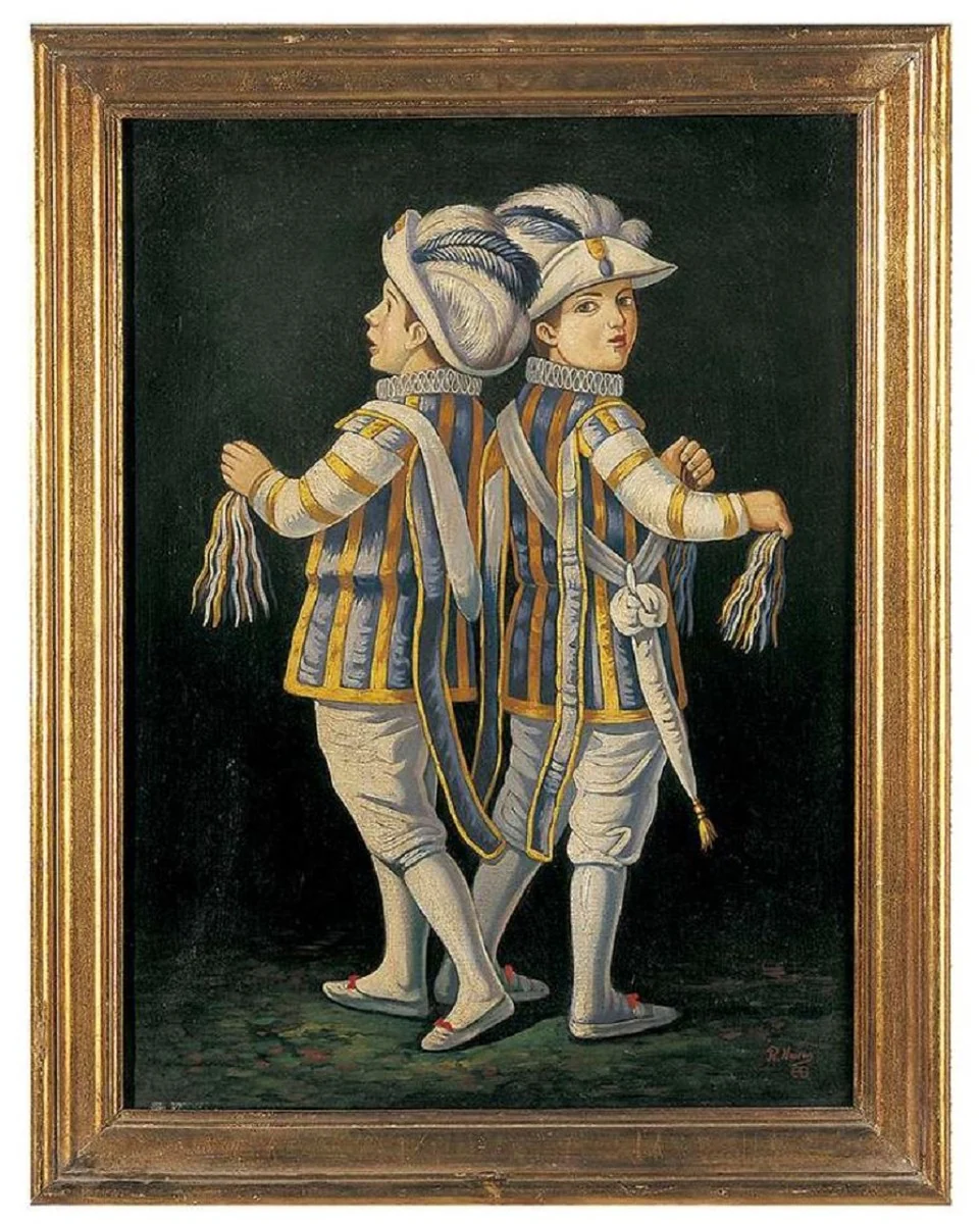 Luxus Barock Ölgemälde Zwillinge Blau / Mehrfarbig / Gold 64 x H. 82 cm - Handgemaltes Gemälde im Barockstil - Barock Wand Deko