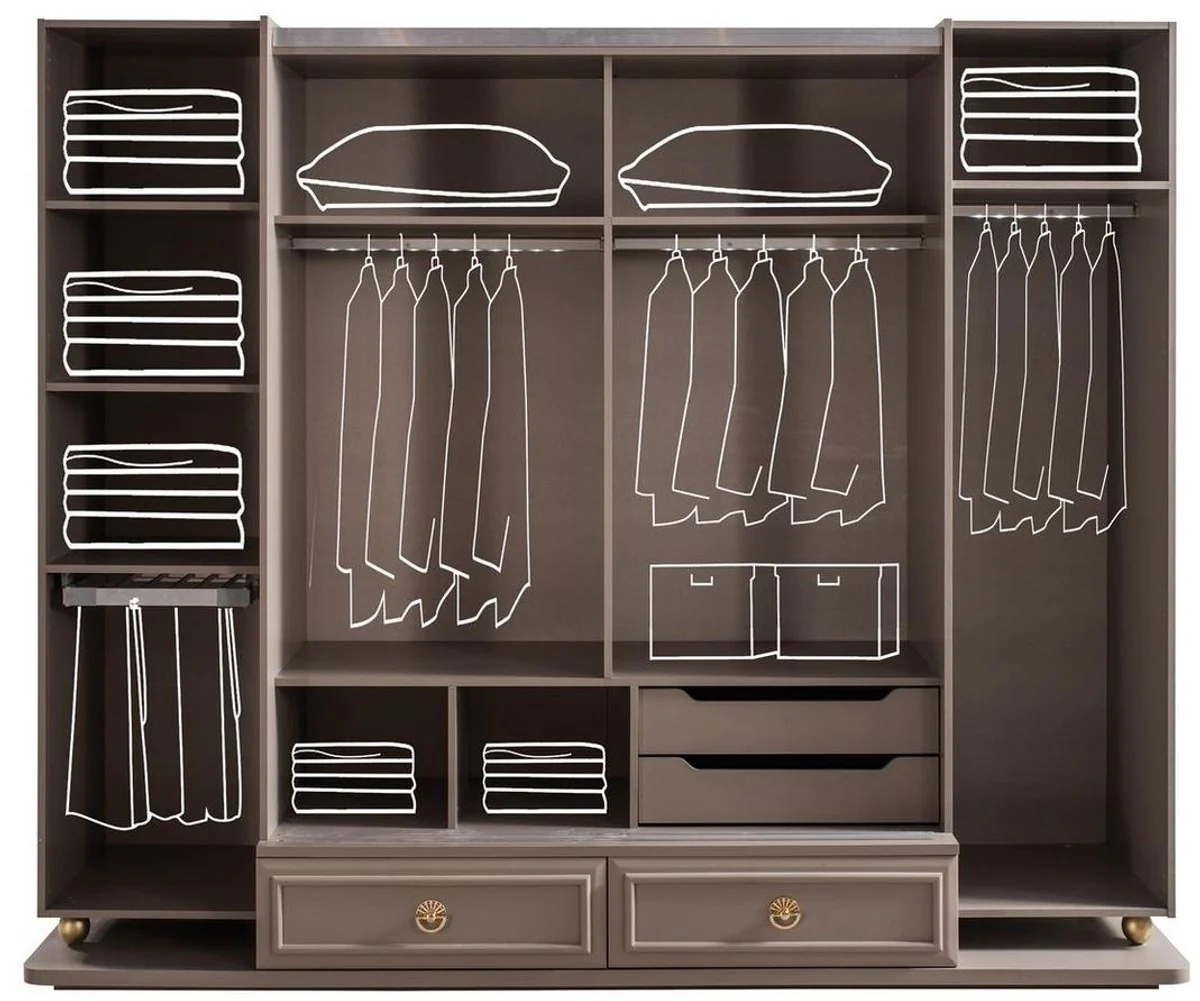 Luxus Barock Schlafzimmerschrank Grau / Gold 267 x 73 x H. 223 cm - Edler Massivholz Kleiderschrank - Schlafzimmer Möbel im Barockstil - Luxus Qualität