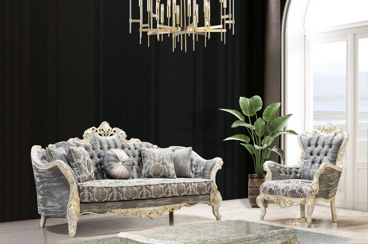Luxus Barock Sofa Grau / Antik Weiß / Gold - Barockstil Wohnzimmer Sofa mit elegantem Muster - Luxus Wohnzimmer Möbel im Barockstil - Barock Möbel - Barock Einrichtung