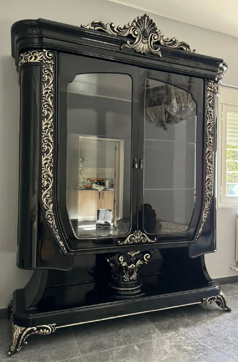 Luxus Barock Vitrine Schwarz / Silber - Handgefertigte Barock Möbel