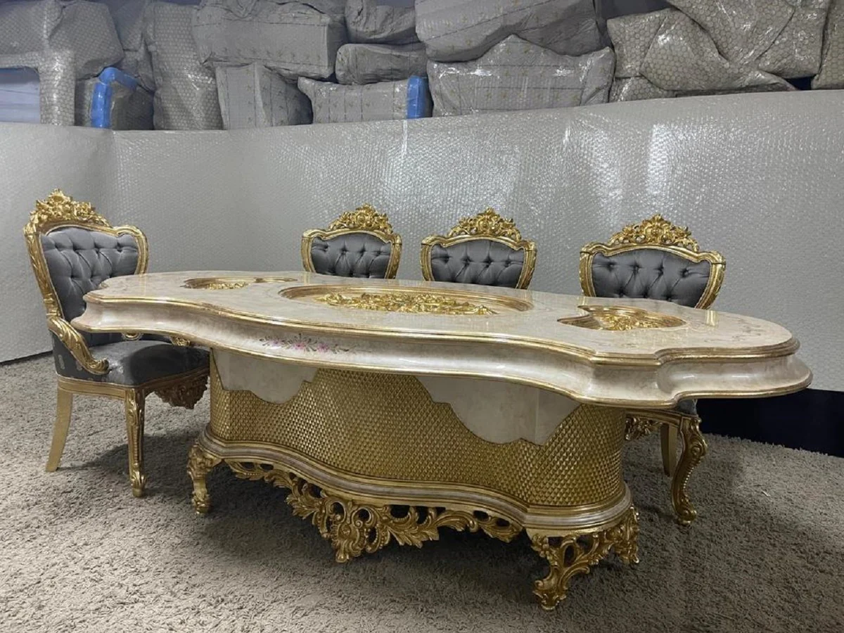 Luxus Barock Esszimmer Set Mehrfarbig / Grau / Gold - 1 Barock Esstisch & 8 Barock Esszimmerstühle - Barock Esszimmer Möbel - Luxus Esszimmer Möbel im Barockstil - Edel & Prunkvoll