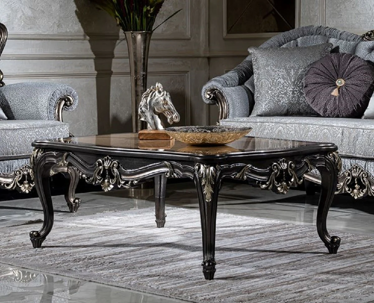 Luxus Barock Wohnzimmer Set Hellblau / Grau / Dunkelgrau / Gold - 2 Sofas & 2 Sessel & 1 Couchtisch - Handgefertigte Wohnzimmer Möbel im Barockstil - Edel & Prunkvoll