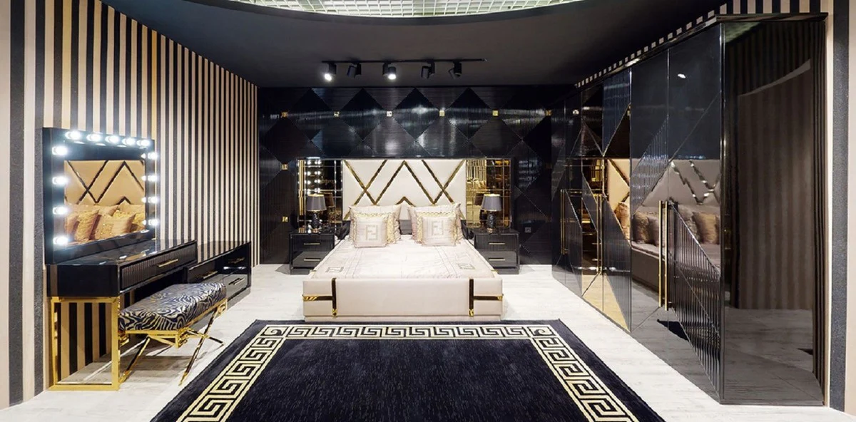 Luxus Schlafzimmer Set Creme / Schwarz / Gold - 1 Doppelbett mit verspiegeltem Kopfteil & 2 Nachtkommoden - Luxus Schlafzimmer Möbel - Luxus Schlafzimmer Einrichtung