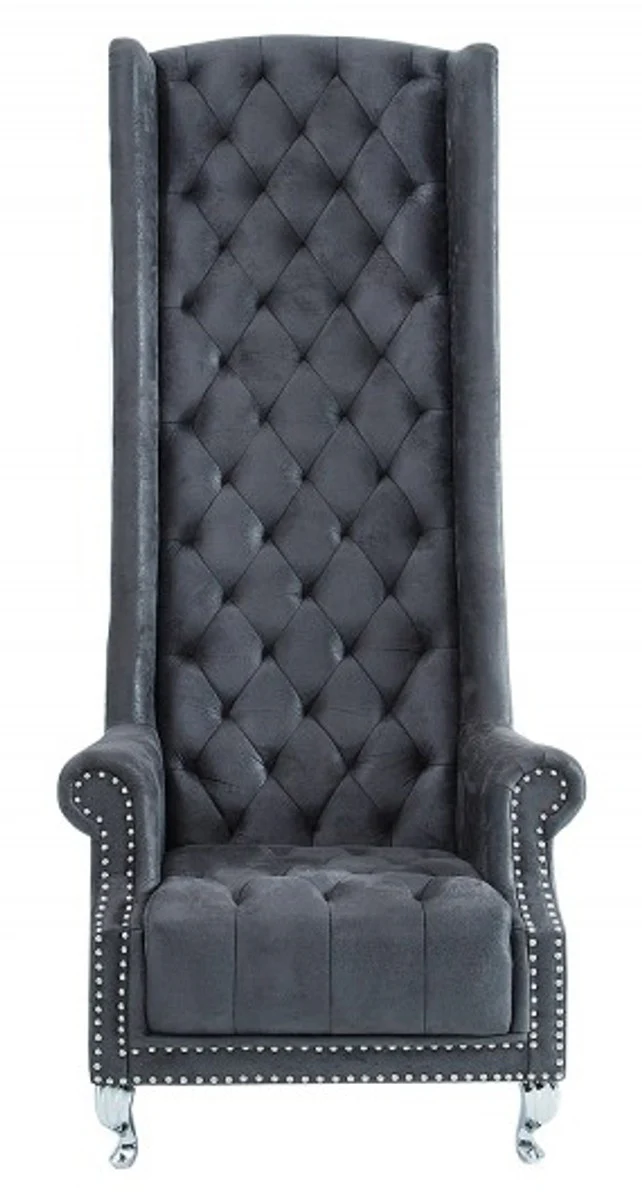 Chesterfield High Back Sessel Grau - Thron König Hochlehn Sessel - Modern Barock Hochlehner