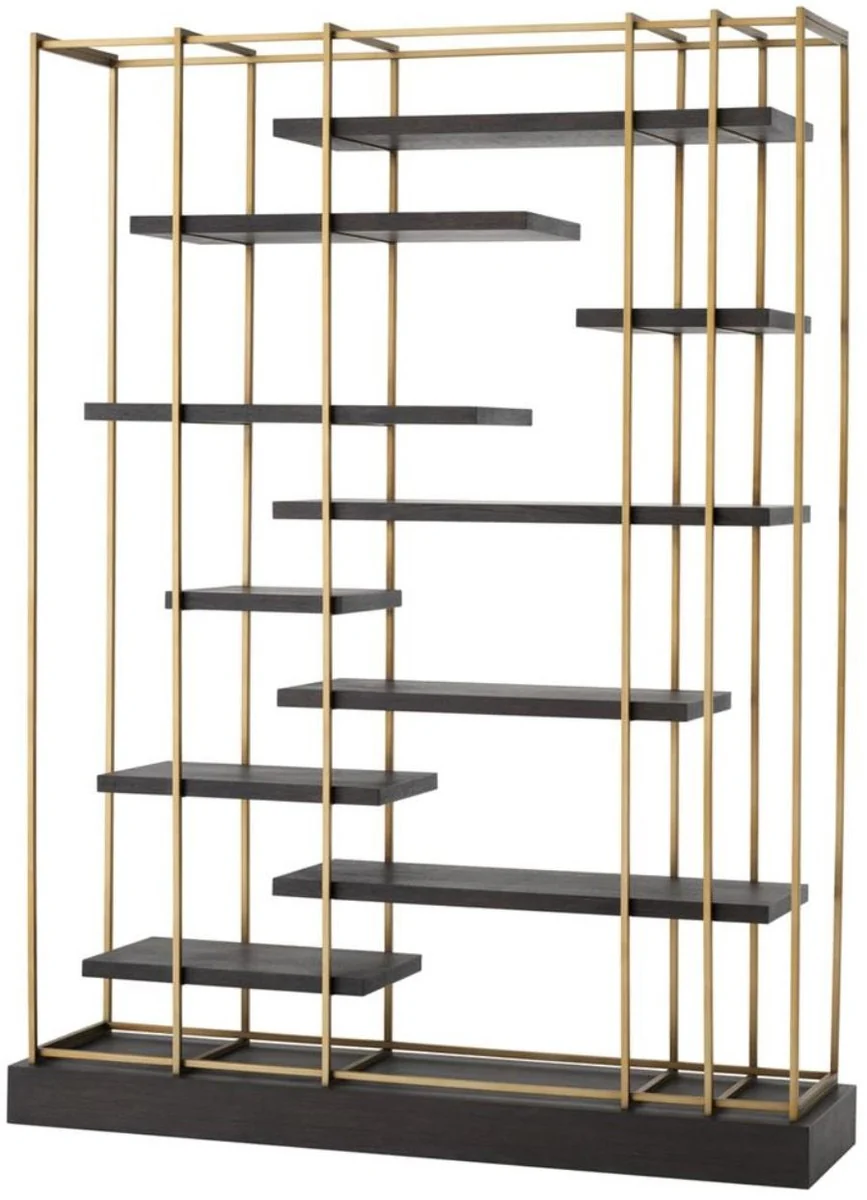 Luxus Wohnzimmer Regalschrank Dunkelgrau / Messing 166 x 45 x H. 222 cm - Wohnzimmerschrank