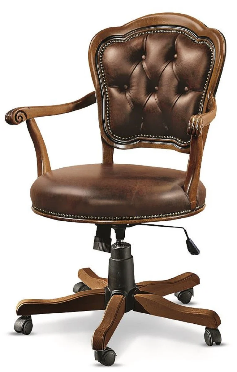 Luxus Jugendstil Bürostuhl Braun 65 x 54 x H. 98-108 cm - Höhenverstellbarer Schreibtischstuhl mit Echtleder - Barock & Jugendstil Büro Möbel