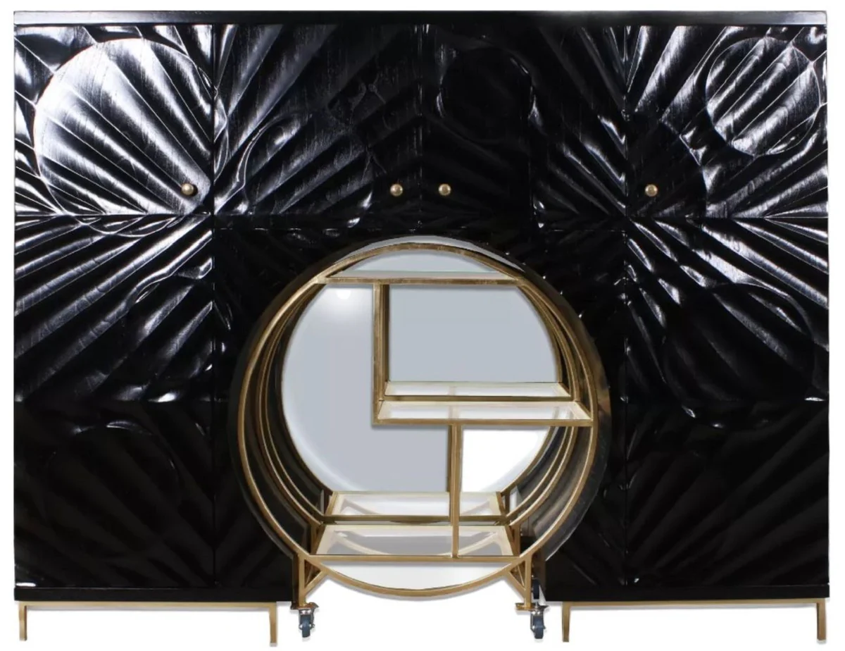 Luxus Barschrank Schwarz / Messing 178 x 45 x H. 140 cm - Massivholz Cocktailschrank - Bar Möbel - Wohnzimmer Möbel - Hotel Möbel - Luxus Möbel