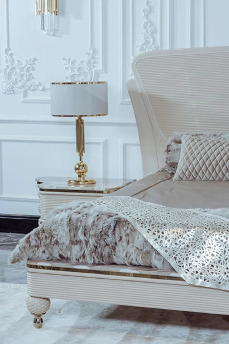 Luxus Art Deco Doppelbett Beige / Grau / Gold - Edles Massivholz Bett mit Kopfteil - Art Deco Schlafzimmer & Hotel Möbel - Luxus Kollektion