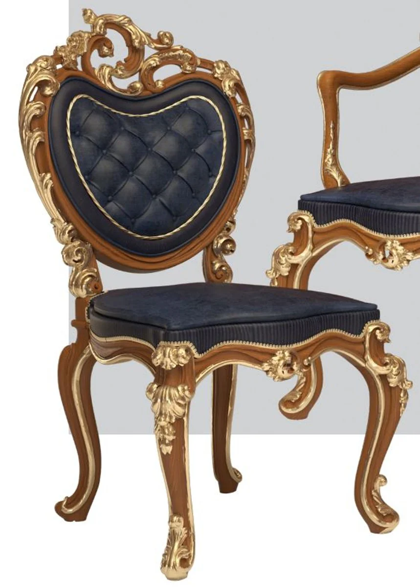 Luxus Barock Esszimmer Stuhl Set Dunkelblau / Braun / Gold 57 x 62 x H. 105 cm - Prunkvolles Küchen Stühle 6er Set - Hotel Restaurant Schloss Möbel - Luxus Qualität - Made in Italy