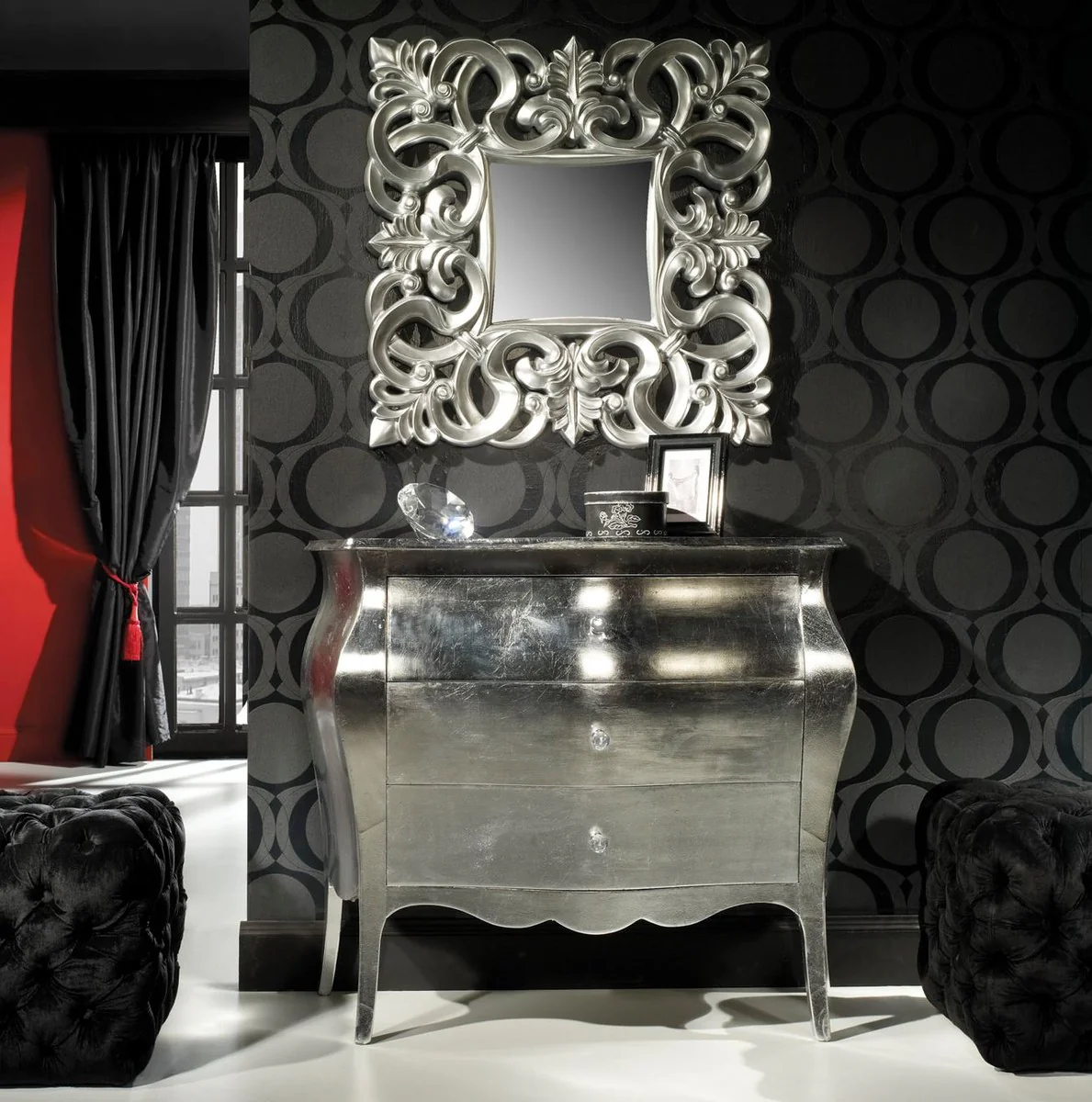 Luxus Barock Kommode Silber - Handgefertigte Massivholz Kommode mit 3 Schubladen - Luxus Möbel im Barockstil - Barock Möbel - Barock Einrichtung - Edel & Prunkvoll