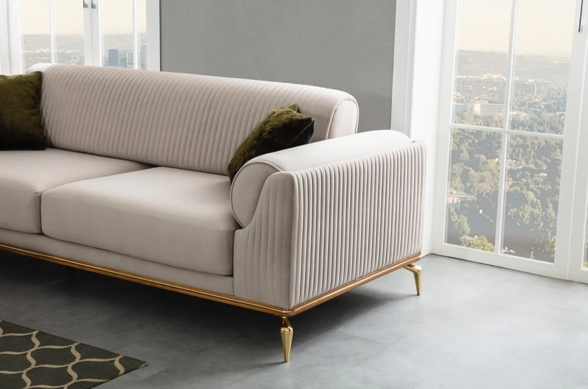 Luxus Art Deco Sofa Hellgrau / Braun / Gold 230 x 100 x H. 92 cm - Edles Wohnzimmer Sofa mit dekorativen Kissen - Luxus Art Deco Möbel