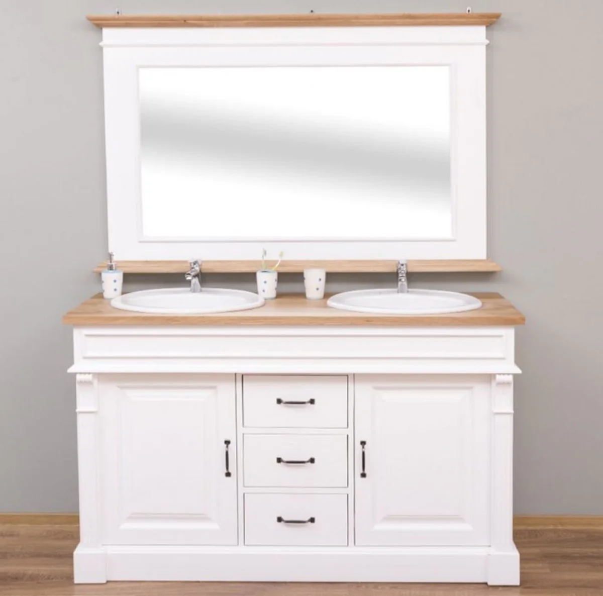 Landhausstil Badezimmer Set Weiß / Naturfarben - 1 Doppelwaschtisch & 1 Wandspiegel - Massivholz Badezimmermöbel im Landhausstil