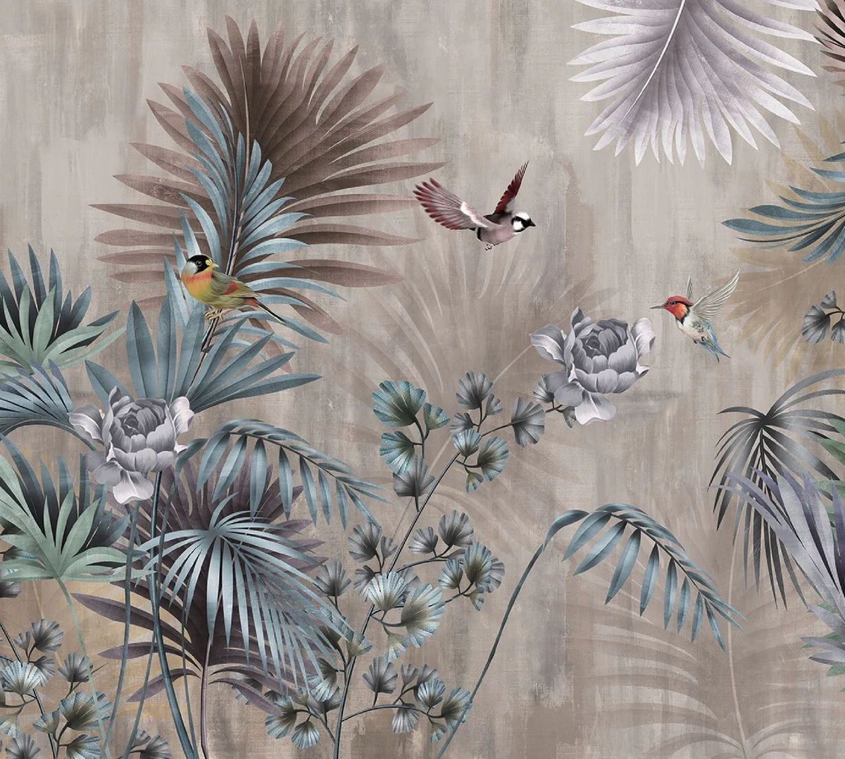 Luxus Vorhang Set Pflanzen & Vögel Mehrfarbig 250 x H. 290 cm - Bedruckte Leinen & Samt Vorhänge - Ösenvorhänge - Schiebevorhänge - Luxus Kollektion