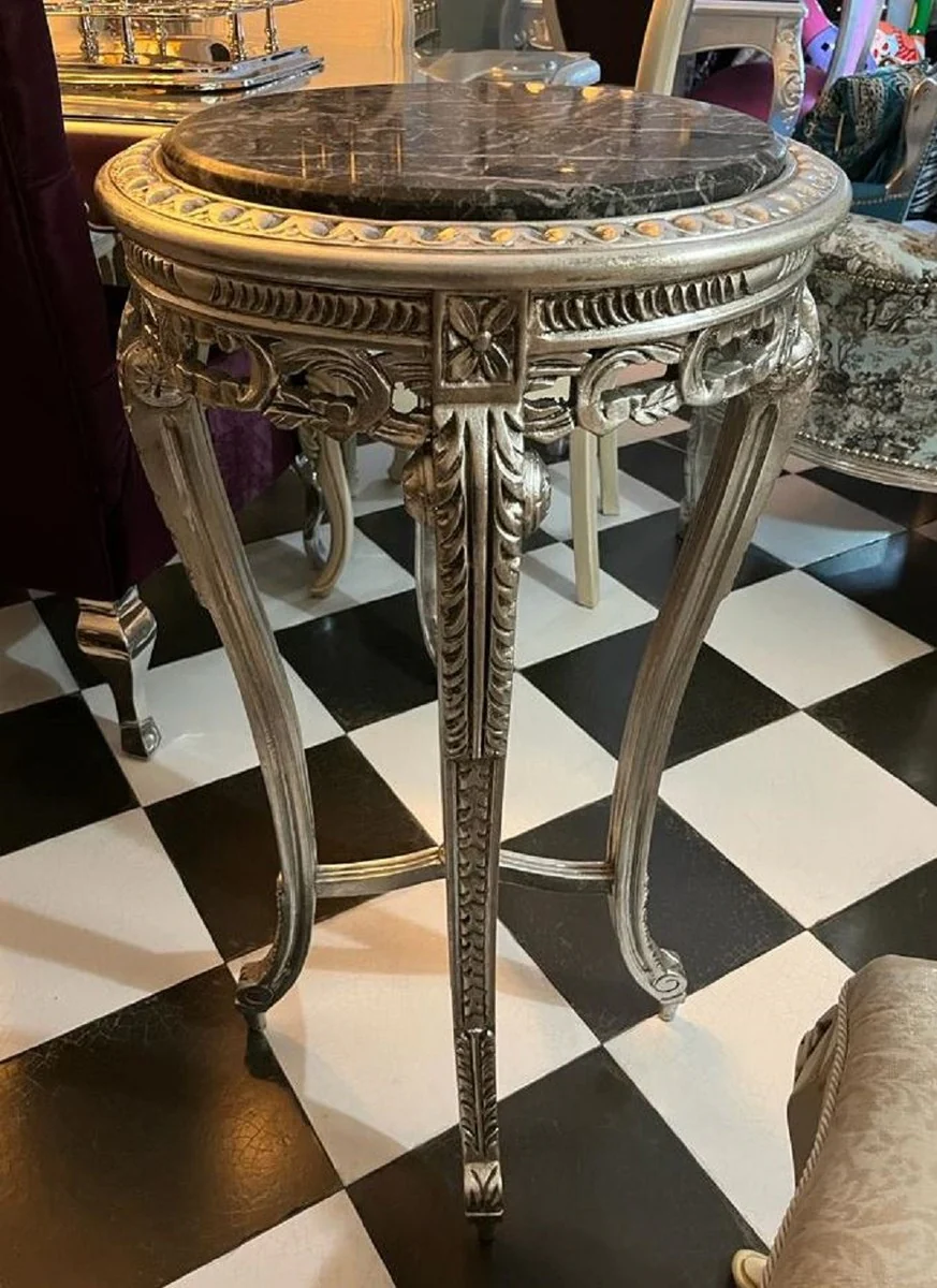 Barock Beistelltisch Silber / Schwarz - Runder Massivholz Tisch mit Marmorplatte im Barockstil - Wohnzimmer Möbel im Barockstil - Barock Möbel