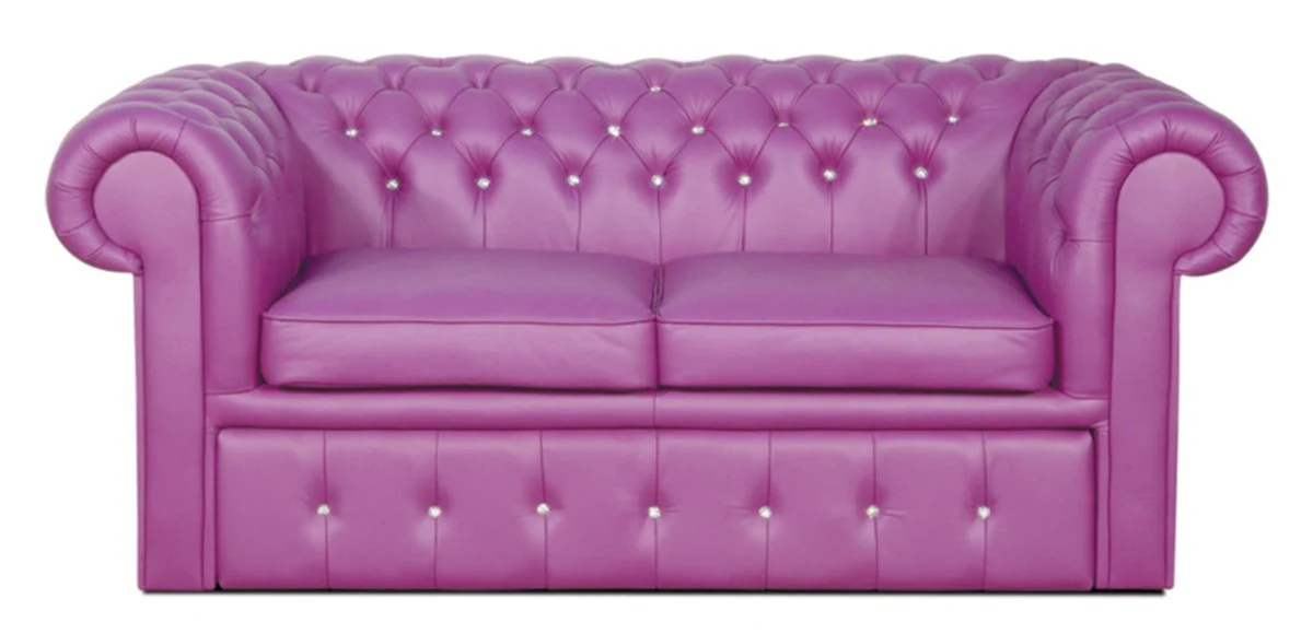 Echtleder 2er Sofa in violett mit Swarowski Kristallsteinen 180 x 100 x H. 78 cm - Luxus Chesterfield Schlafsofa