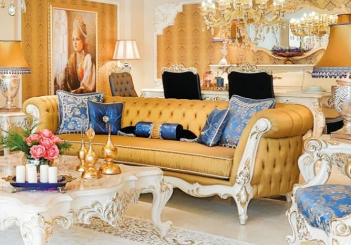 Luxus Barock Wohnzimmer Set Blau / Weiß / Gold - 2 Sofas & 2 Sessel & 1 Couchtisch & 2 Beistelltische - Wohnzimmer Möbel im Barockstil - Edel & Prunkvoll