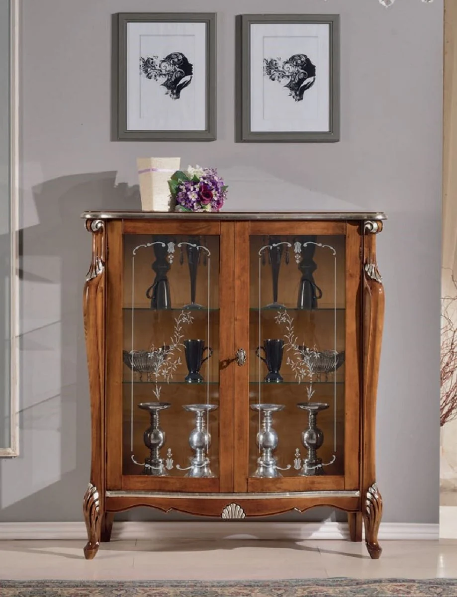 Luxus Barock Vitrine Braun / Silber - Handgefertigter italienischer Barockstil Vitrinenschrank - Italienische Barock Möbel - Barockstil Möbel - Luxus Qualität - Made in Italy