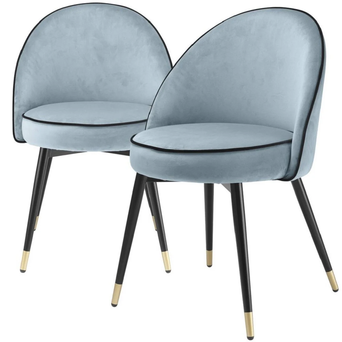 Luxus Esszimmerstuhl Set Blau / Schwarz / Messing 55 x 64 x H. 83 cm - Esszimmerstühle mit edlem Samtstoff - Esszimmer Möbel