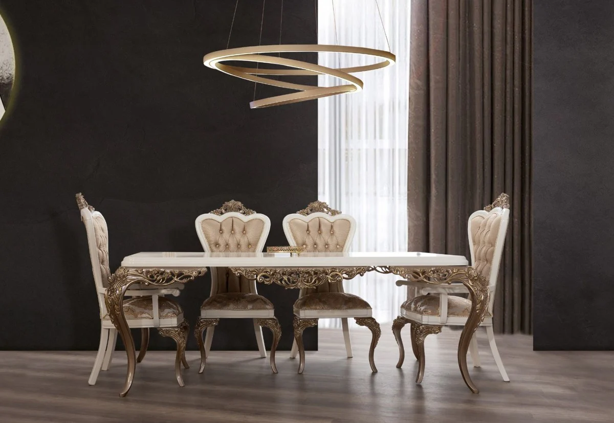 Luxus Barock Esszimmer Set Weiß / Braun / Gold - 1 Esszimmertisch & 6 Esszimmerstühle - Edle Barock Esszimmer Möbel - Edel & Prunkvoll