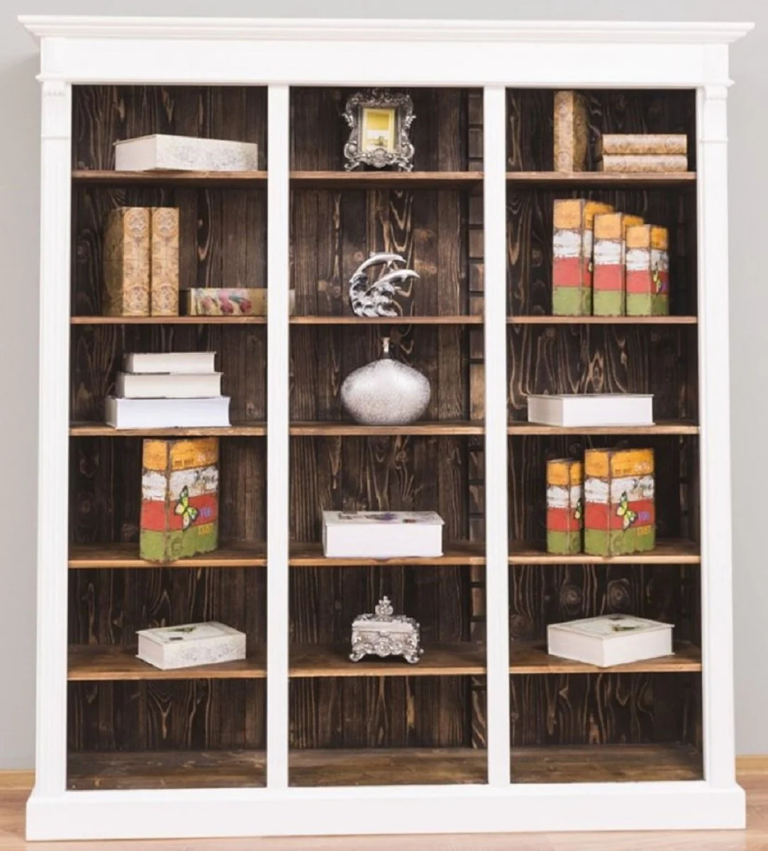 Landhausstil Regalschrank Weiß / Dunkelbraun 180 x 39 x H. 197 cm - Massivholz Schrank - Bücherschrank - Wohnzimmerschrank - Büroschrank - Landhausstil Möbel