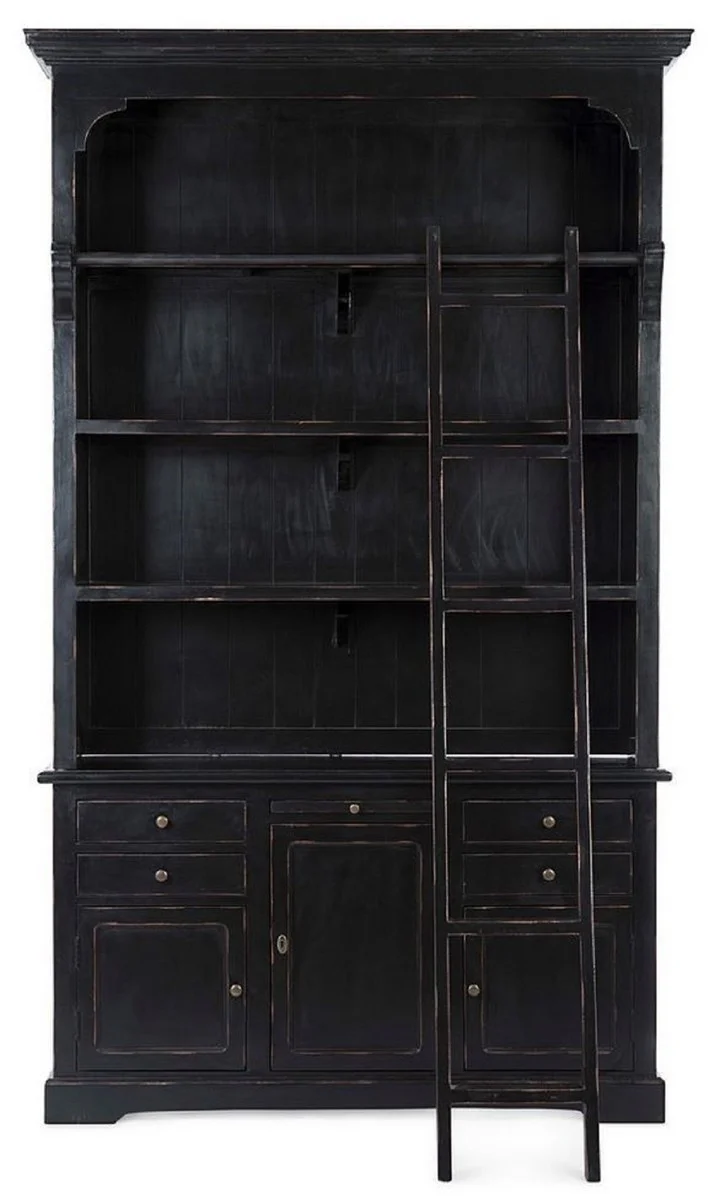 Landhausstil Schrank mit Leiter Antik Schwarz 143,5 x 40,6 x H. 233,7 cm - Bücherschrank - Regalschrank - Wohnzimmerschrank - Büroschrank - Landhausstil Möbel