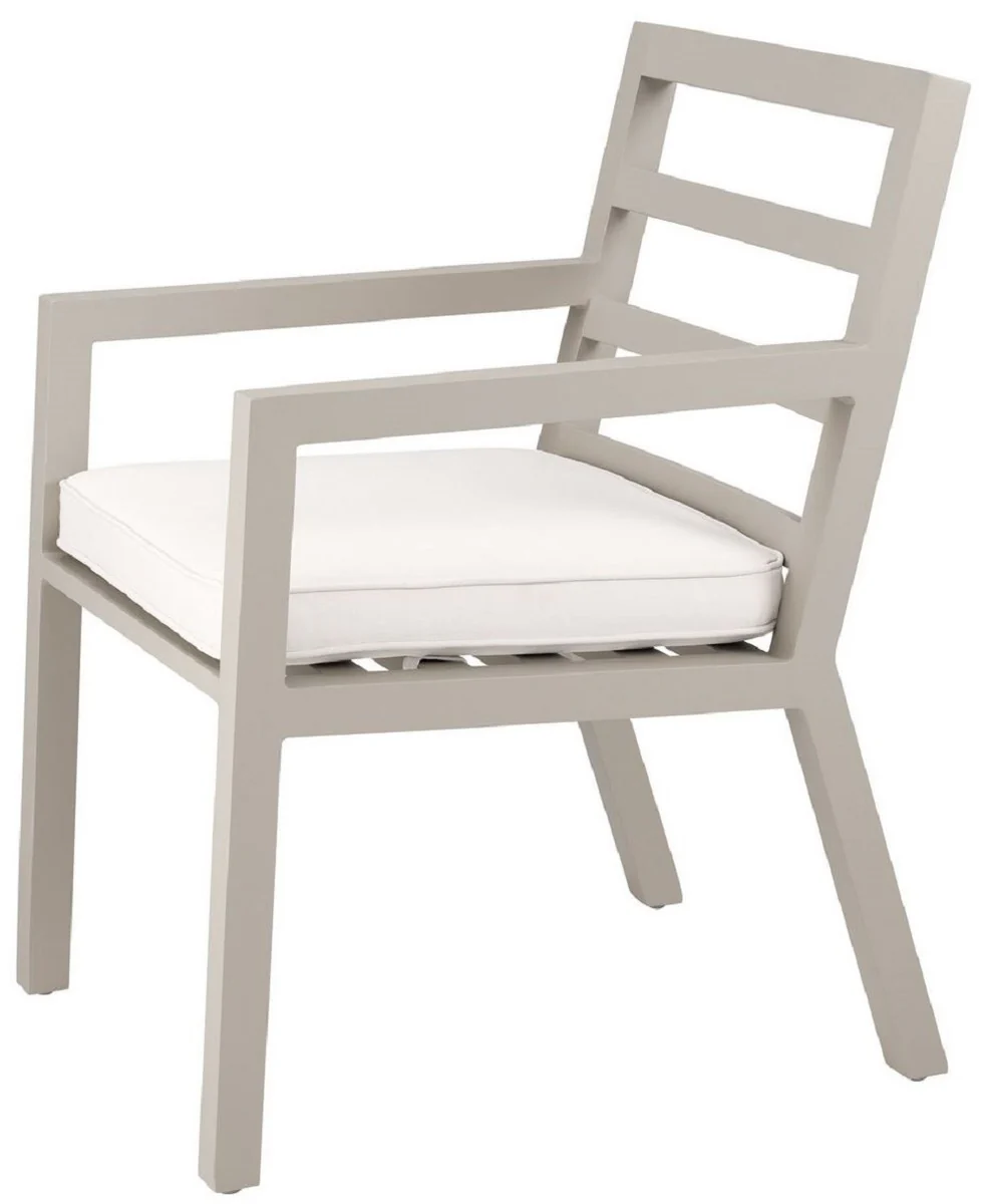 Luxus Esszimmerstuhl mit Armlehnen Sandfarben / Weiß 56 x 66,5 x H. 87 cm - Wetterbeständiger Aluminium Stuhl mit Sitzkissen - Garten Terrassen Stuhl - Luxus Qualität