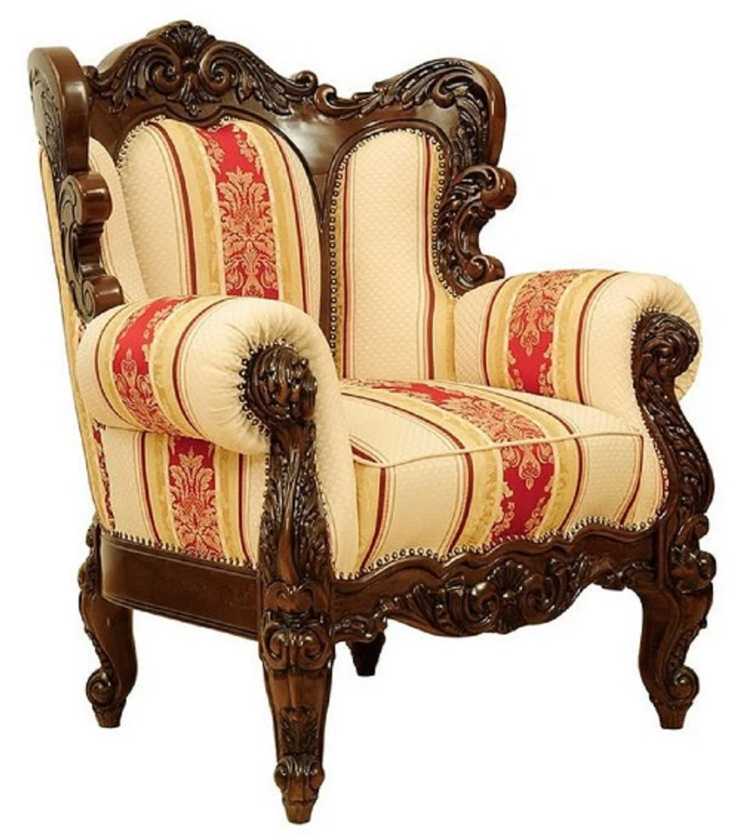 Luxus Barock Wohnzimmer Set Creme / Gelb / Rot / Dunkelbraun - 2 Barock Sofas & 2 Barock Sessel & 1 Barock Couchtisch - Wohnzimmer Möbel im Barockstil - Edel & Prunkvoll