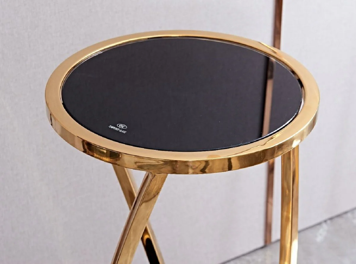 Luxus Beistelltisch Gold / Schwarz Ø 35 x H. 50 cm - Runder Edelstahl Blumentisch mit getönten Glasplatten - Wohnzimmer Möbel - Luxus Möbel
