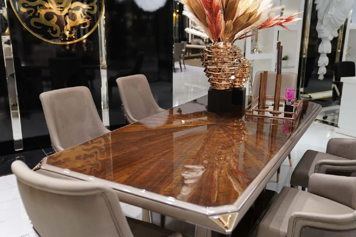 Luxus Esstisch Dunkelbraun / Grau / Kupfer 226 x 112 x H. 70 cm - Rechteckiger Massivholz Küchentisch - Esszimmer Möbel - Luxus Möbel