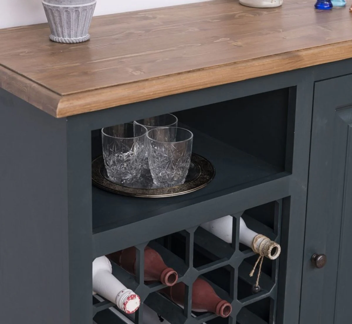 Landhausstil Weinschrank mit Tür Graublau / Naturfarben 90 x 41 x H. 90 cm - Landhausstil Möbel