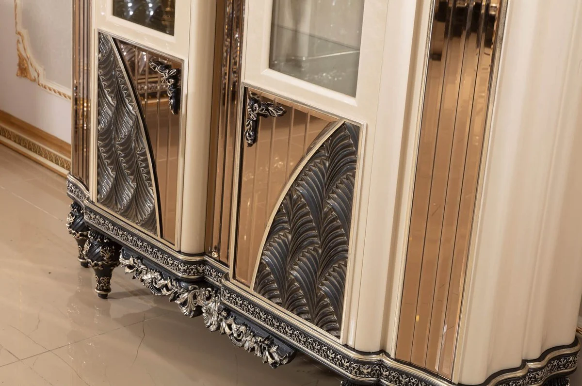 Luxus Barock Vitrine Beige / Schwarz / Gold - Prunkvoller Massivholz Vitrinenschrank mit 2 Glastüren - Barock Möbel - Edel & Prunkvoll