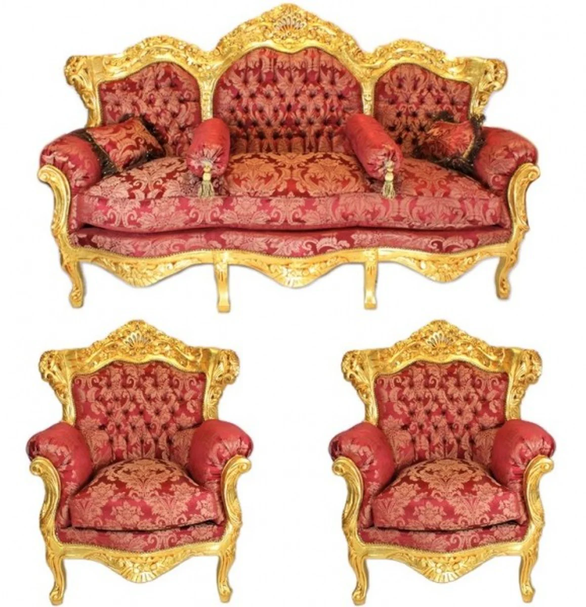 Barock Wohnzimmer Set Bordeaux Bouquet Muster / Gold - 3er Sofa + 2 Sessel