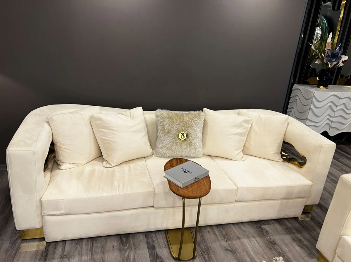 Luxus 3er Sofa Creme / Gold 260 x 100 x H. 77 cm - Wohnzimmer Sofa - Hotel Sofa - Wohnzimmer Möbel - Hotel Möbel - Luxus Möbel - Luxus Einrichtung - Wohnzimmer Einrichtung