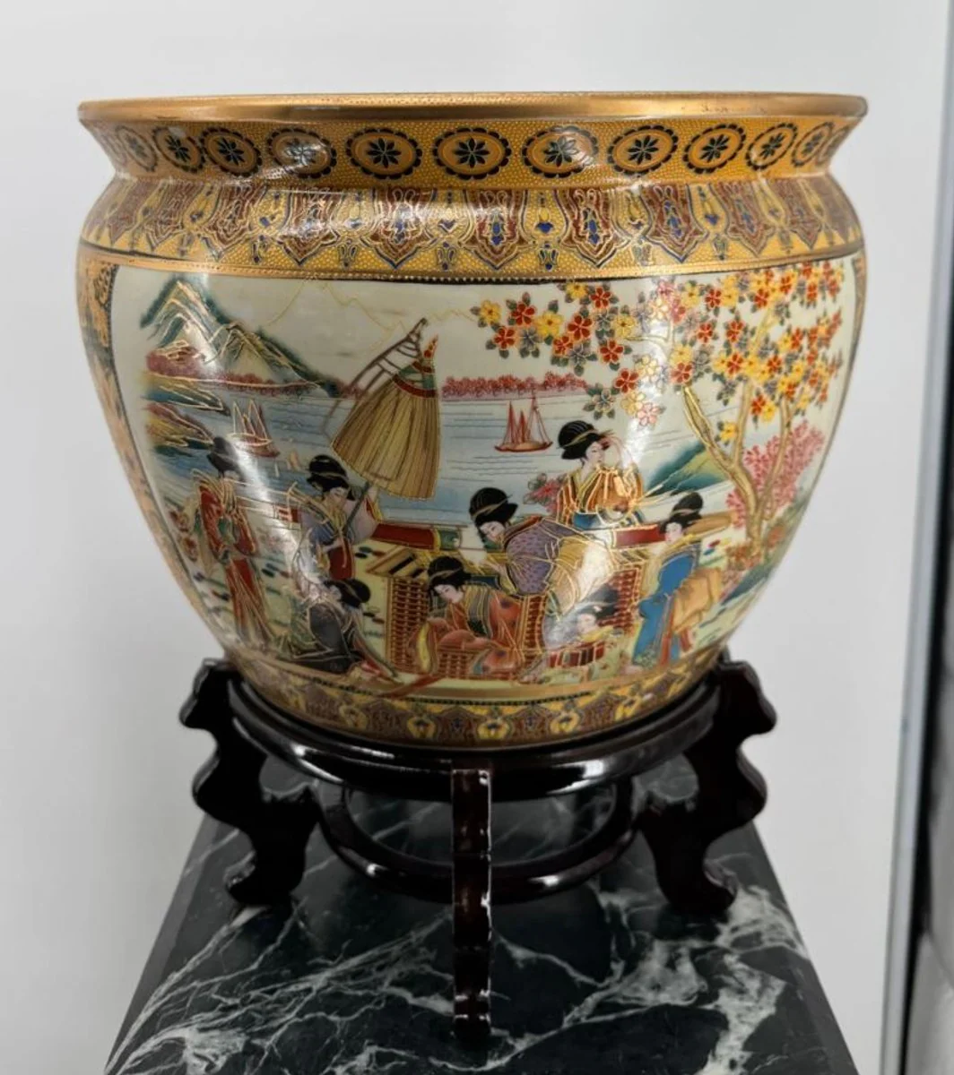 Antik Stil Porzellan Blumenübertopf mit Holzständer - Pflanzentopf im chinesischem Stil