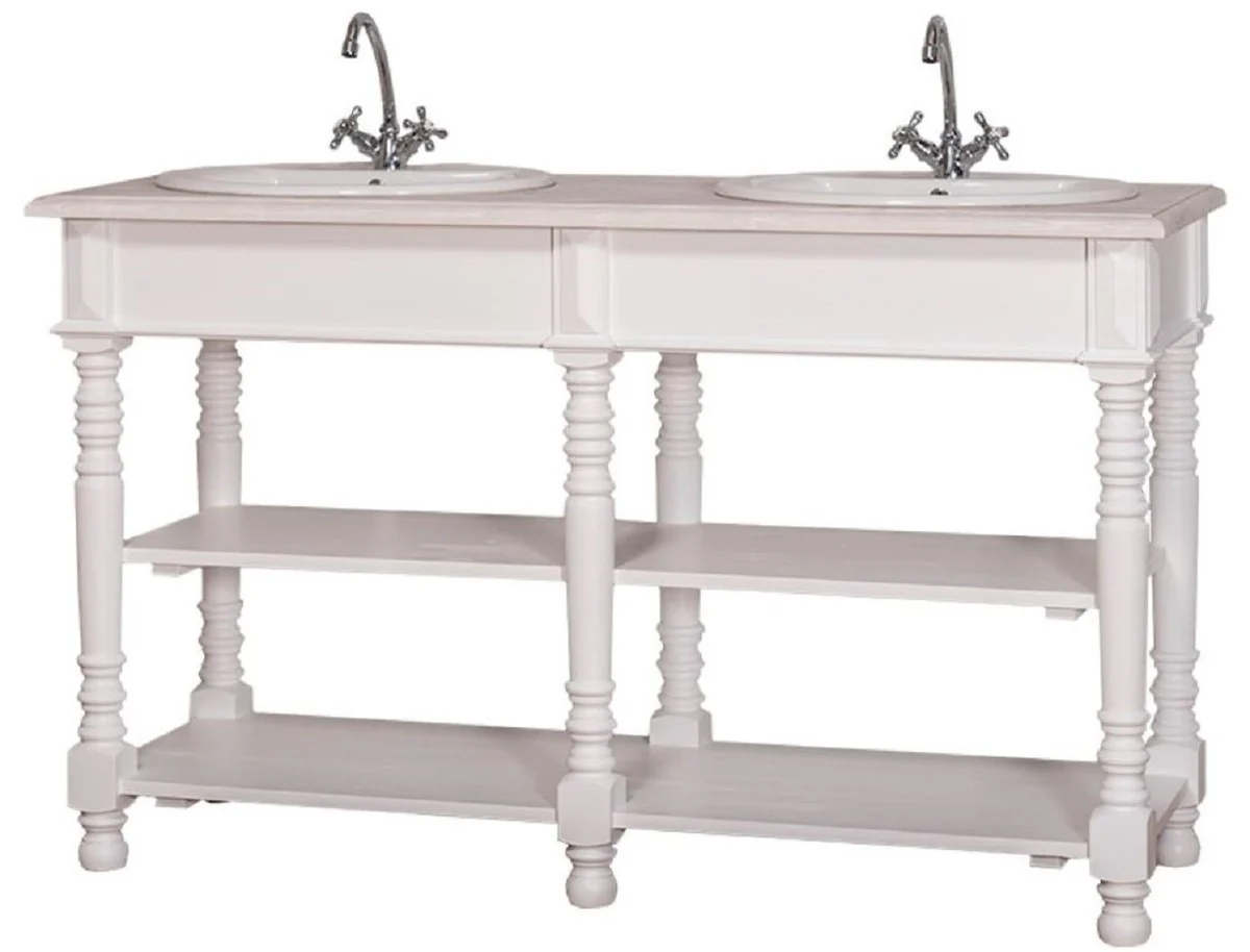 Landhausstil Doppel Waschbeckenschrank Weiß / Hellgrau 150 x 54 x H. 90 cm - Massivholz Waschtisch - Badezimmermöbel im Landhausstil