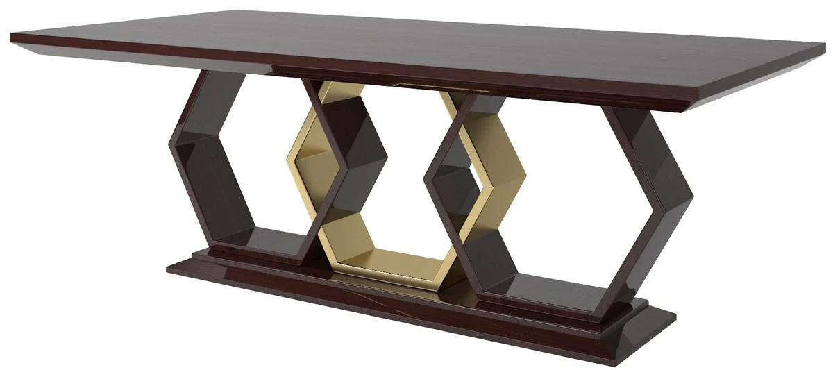 Luxus Art Deco Esszimmer Set Beige / Dunkelbraun Hochglanz / Gold - 1 Esszimmertisch & 6 Esszimmerstühle - Art Deco Esszimmer Möbel - Luxus Qualität