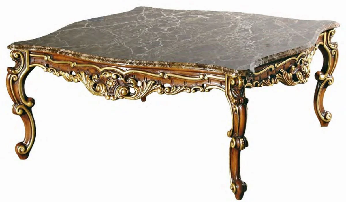 Luxus Barock Couchtisch Braun / Gold - Prunkvoller Massivholz Wohnzimmertisch mit Emperador Marmor Tischplatte - Barock Wohnzimmer & Hotel Möbel - Luxus Qualität - Made in Italy