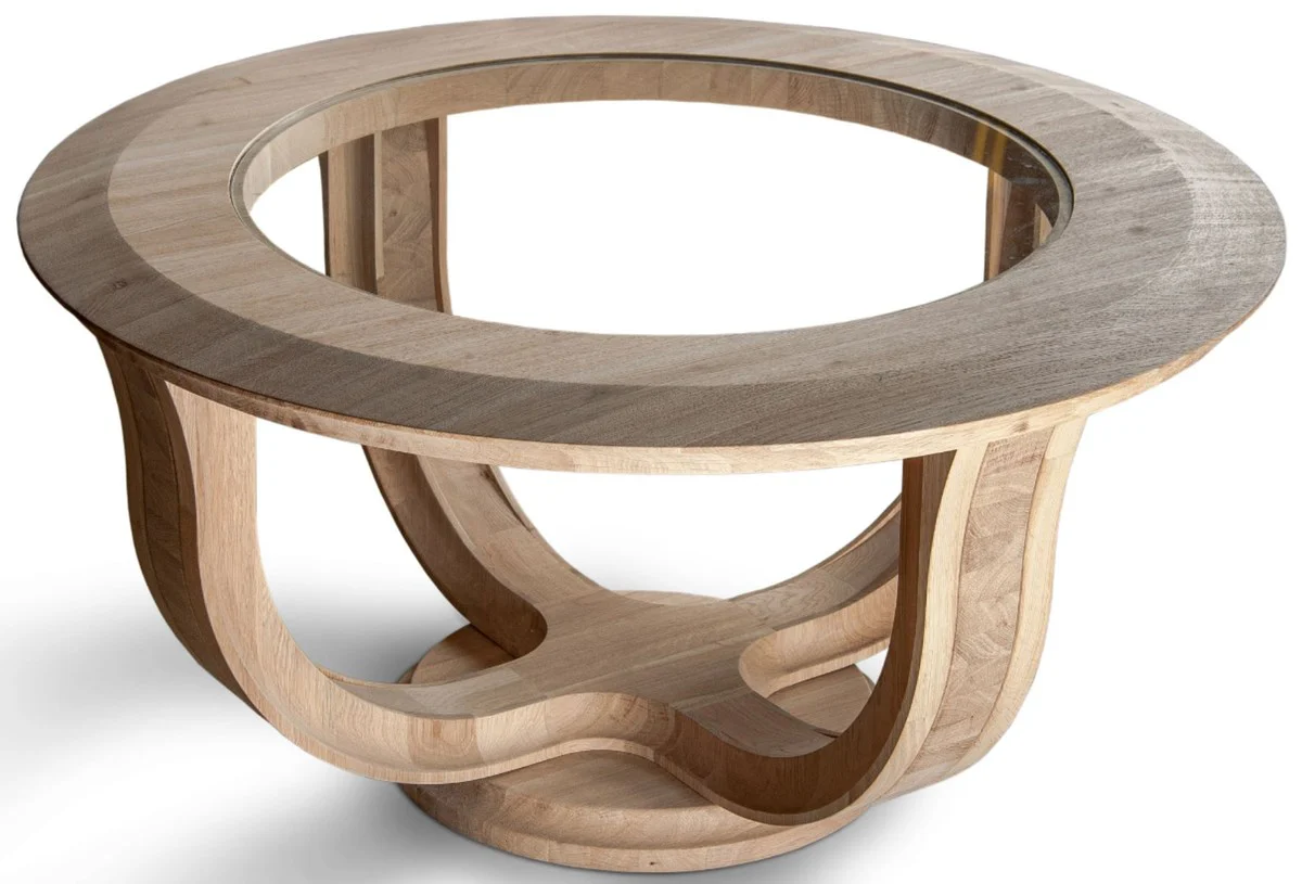 Luxus Massivholz Couchtisch Naturfarben Ø 73 x H. 43 cm - Runder Eichenholz Wohnzimmertisch mit Glasplatte - Massivholz Wohnzimmer Möbel