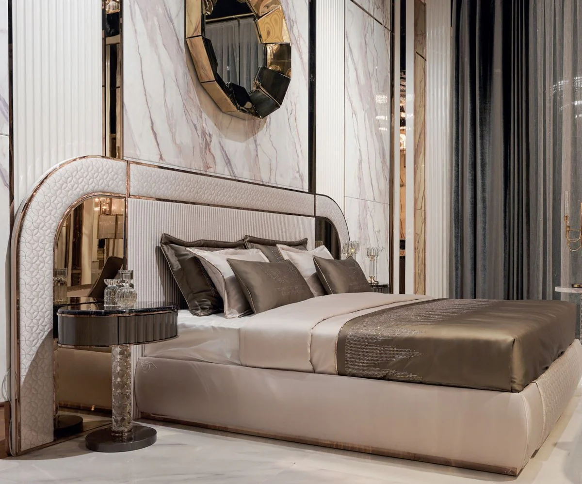 Luxus Art Deco Doppelbett Grau / Kupfer 350 x 209,5 x H. 140 cm - Edles Massivholz Bett mit verspiegeltem Kopfteil - Luxus Schlafzimmer Möbel - Hotel Möbel - Art Deco Möbel