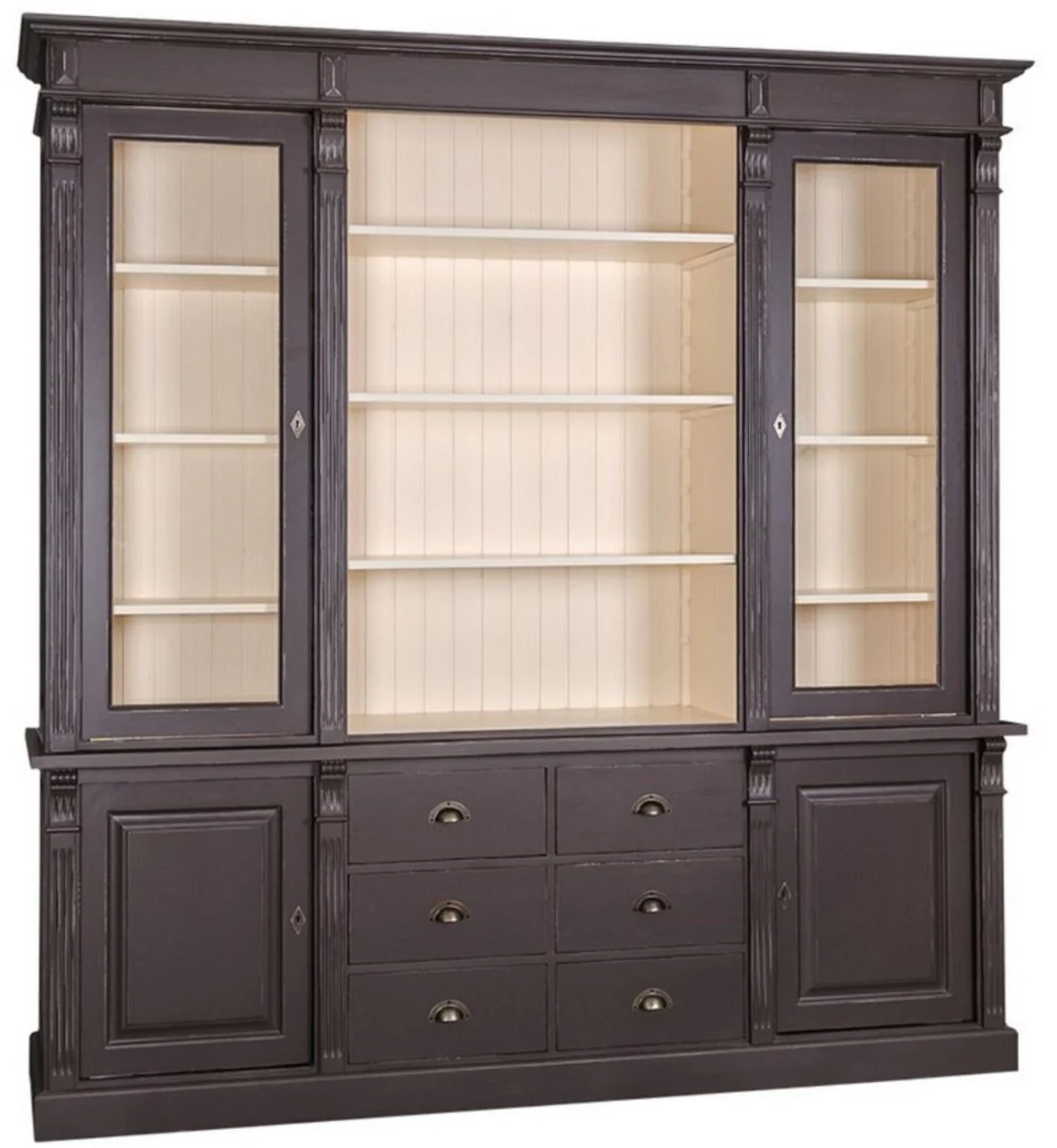 Landhausstil Wohnzimmerschrank Antik Schwarz / Creme 223 x 51 x H. 240 cm - Bücherschrank mit 4 Türen und 6 Schubladen - Massivholz Schrank - Landhausstil Möbel