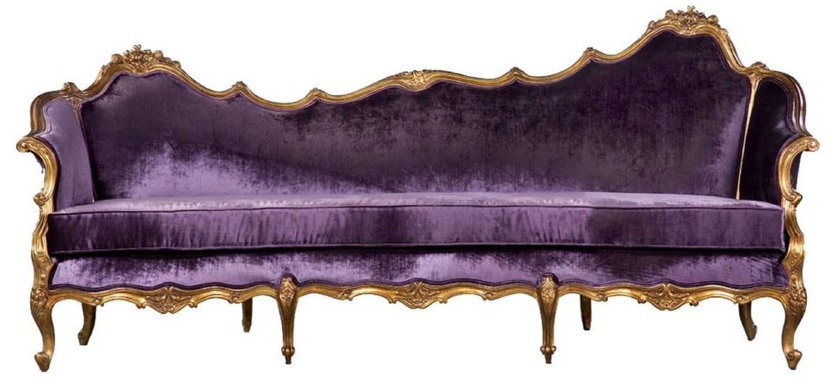 Luxus Barock Samt Sofa Lila / Gold - Edles Handgefertigtes Wohnzimmer Sofa im Barockstil - Barock Wohnzimmer Möbel - Edel & Prunkvoll