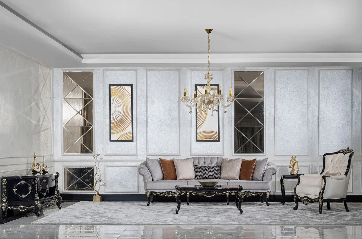 Luxus Barock Wohnzimmer Sofa Grau / Schwarz / Gold - Handgefertigtes Barockstil Sofa mit dekorativen Kissen - Luxus Wohnzimmer Möbel im Barockstil - Barock Möbel - Edel & Prunkvoll