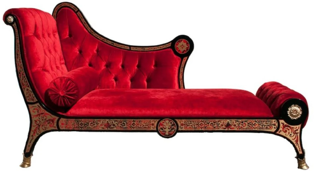 Luxus Barock Boulle Chaiselongue Rot / Schwarz / Gold 180 x 75 x H. 106 cm - Handgefertigte Massivholz Recamiere mit edlem Samtstoff - Barock Möbel - Luxus Qualität