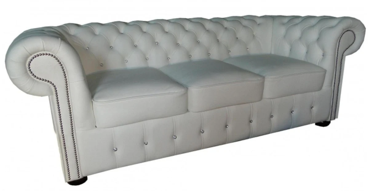 Chesterfield Echtleder 3er Sofa in weiß mit Glitzersteinen 200 x 90 x H. 78 cm - Luxus Möbel