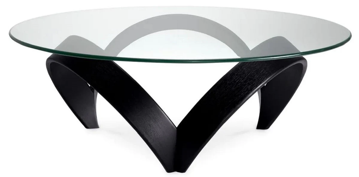 Luxus Couchtisch Schwarz Ø 110 x H. 36,5 cm - Runder Wohnzimmertisch mit Glasplatte - Wohnzimmer Möbel - Hotel Möbel - Luxus Möbel - Luxus Kollektion