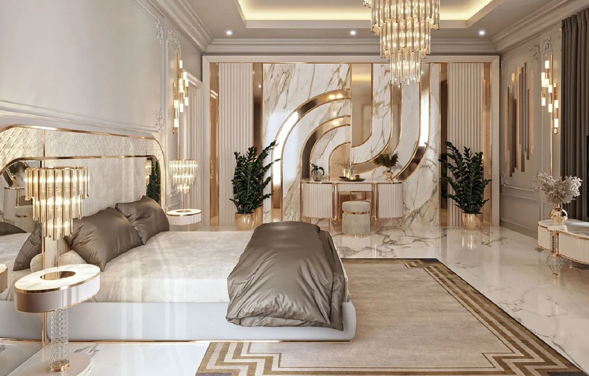 Luxus Art Deco Nachtkommode Weiß / Grau / Gold 60 x 45 x H. 66 cm - Nachttisch mit Schublade und Kunstmarmor Platte - Art Deco Schlafzimmer Möbel - Luxus Schlafzimmer Möbel