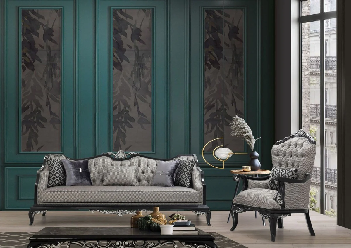 Luxus Barock Sofa Silber / Schwarz - Wohnzimmer Sofa im Barockstil - Barock Wohnzimmer Möbel - Edel & Prunkvoll