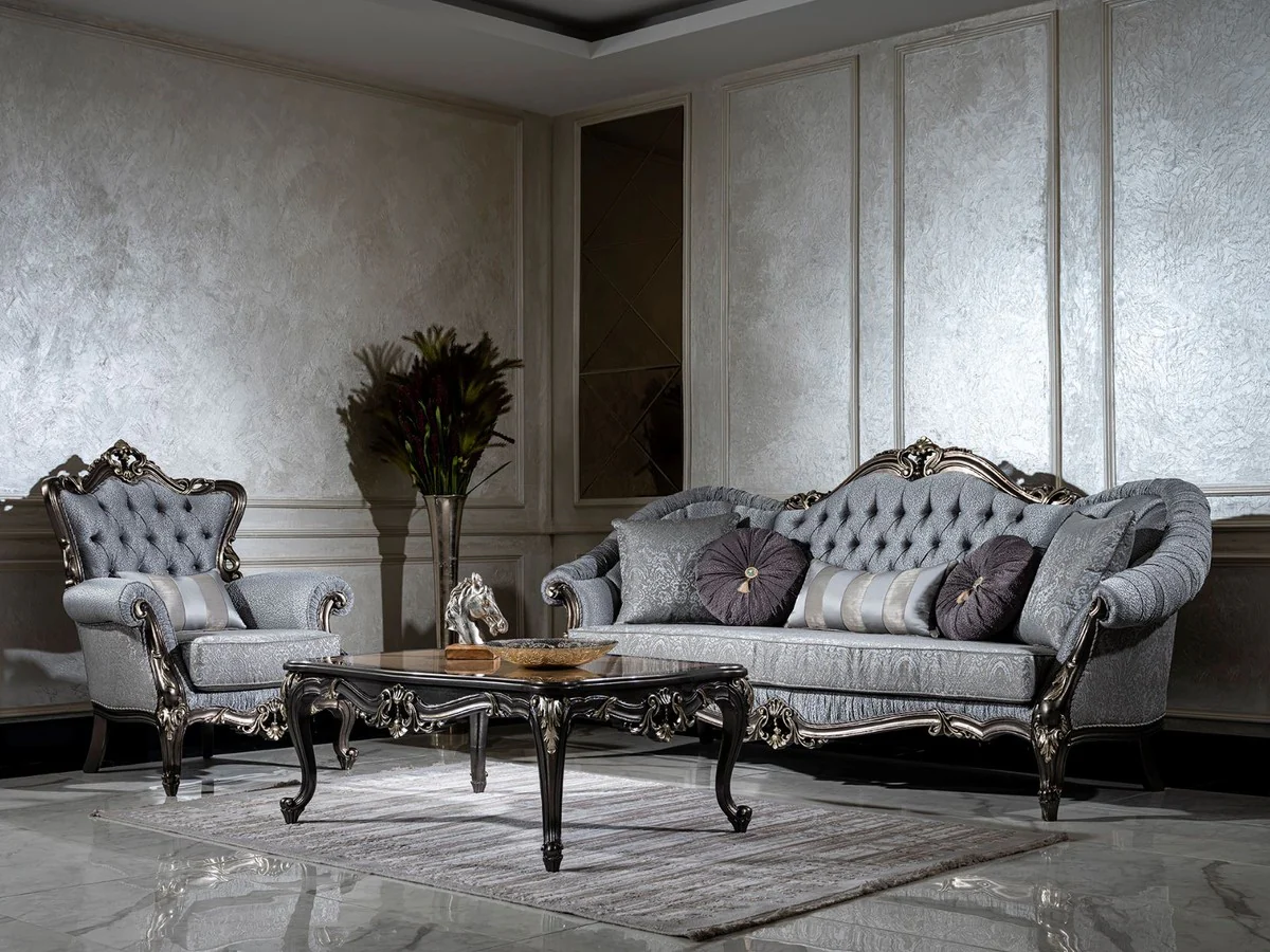 Luxus Barock Couchtisch Beige / Dunkelgrau / Gold - Handgefertigter Massivholz Wohnzimmertisch - Wohnzimmer Möbel im Barockstil