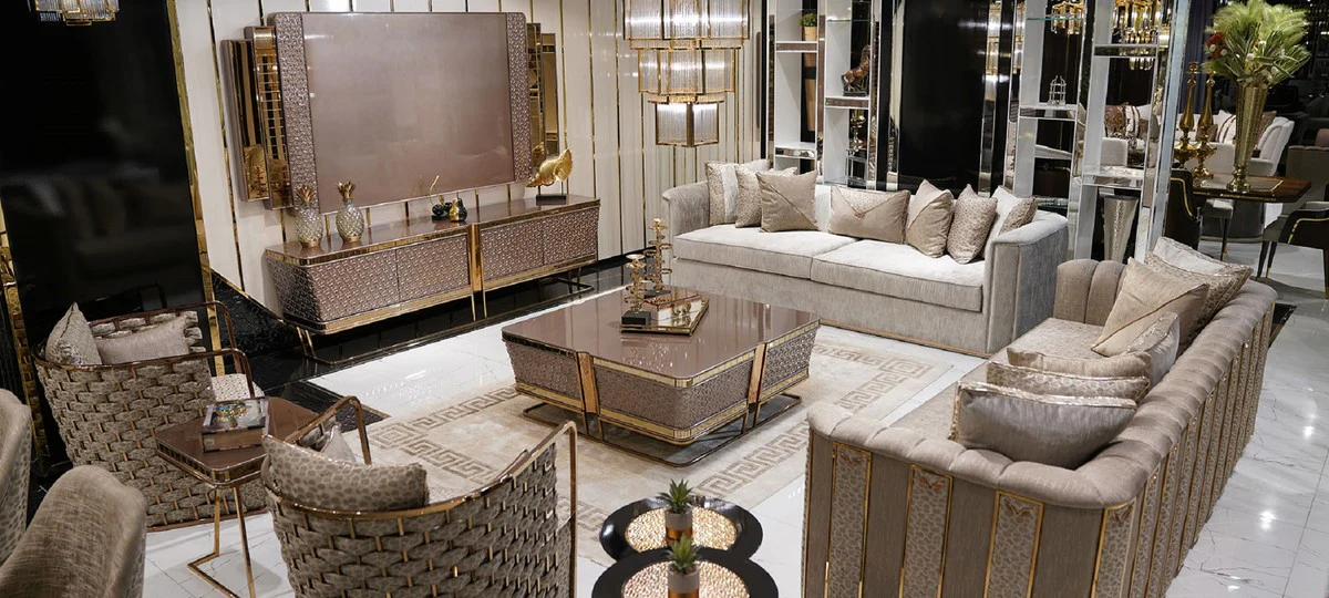 Luxus Sofa Grau Muster / Gold - Wohnzimmer Sofa - Hotel Sofa - Wohnzimmer Möbel - Hotel Möbel - Luxus Möbel